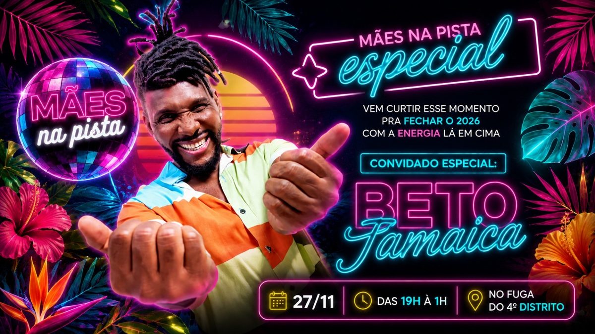 来源图片 — 27.11 | MÃES NA PISTA apresenta FESTA DE FINAL DE ANO com BETO JAMAICA (É o Tchan) no FUGA