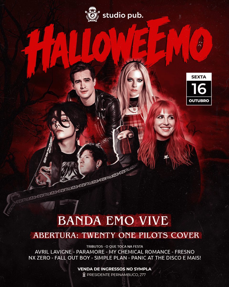 Imagem da fonte — HALLOWEEMO 2026 | Emo Vive + Twenty One Pilots Cover @StudioPub 16/10